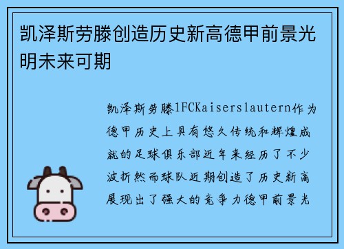 凯泽斯劳滕创造历史新高德甲前景光明未来可期