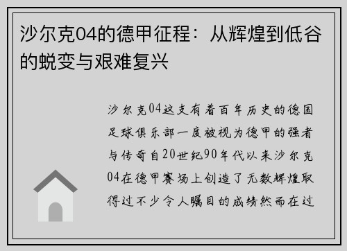 沙尔克04的德甲征程：从辉煌到低谷的蜕变与艰难复兴
