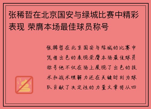张稀哲在北京国安与绿城比赛中精彩表现 荣膺本场最佳球员称号