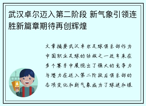 武汉卓尔迈入第二阶段 新气象引领连胜新篇章期待再创辉煌