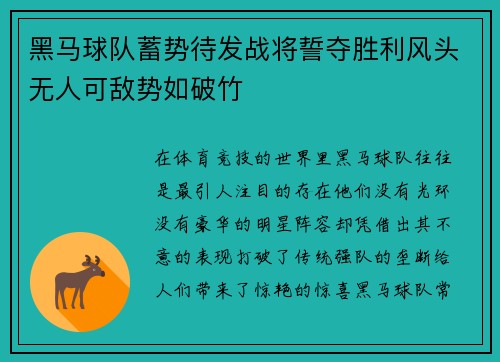 黑马球队蓄势待发战将誓夺胜利风头无人可敌势如破竹