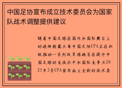 中国足协宣布成立技术委员会为国家队战术调整提供建议