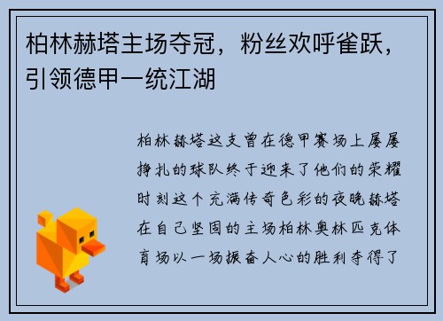 柏林赫塔主场夺冠，粉丝欢呼雀跃，引领德甲一统江湖