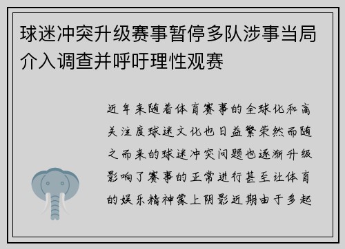 球迷冲突升级赛事暂停多队涉事当局介入调查并呼吁理性观赛