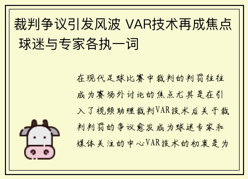 裁判争议引发风波 VAR技术再成焦点 球迷与专家各执一词