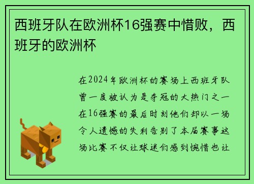 西班牙队在欧洲杯16强赛中惜败，西班牙的欧洲杯